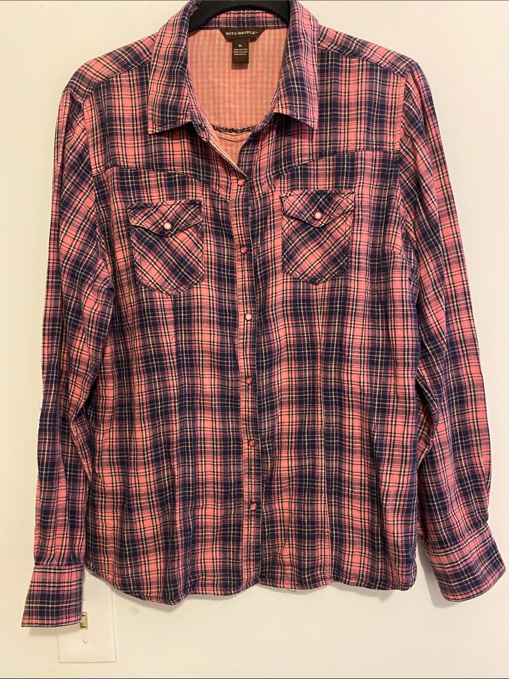 Bit & Bridle Pink and Navy Plaid Snap Down Shirt